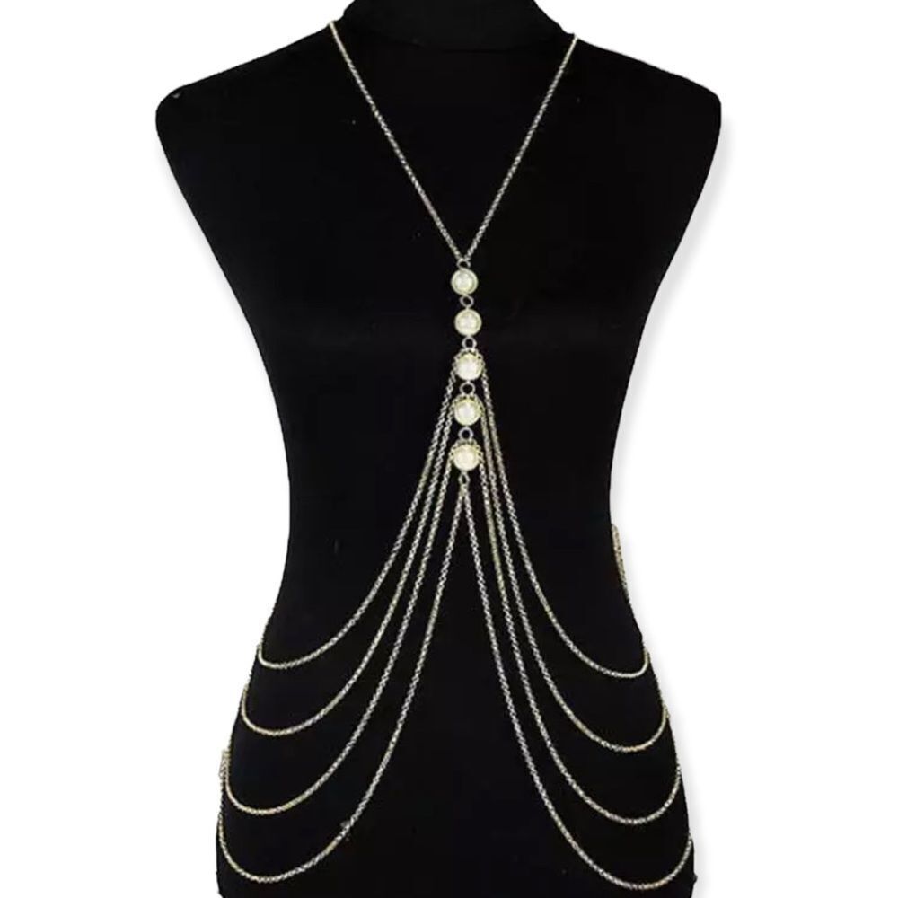 Silver Multi Chain Draped Pearls Chest Body Chain Harness Body Jewelry NWT